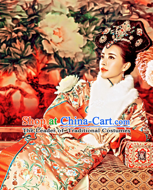 Traditional Qing Dynasty Chinese Women Empress Clothing Imperial Princess Dresses National Costume and Hair Ornaments Complete Set