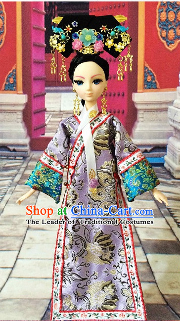 Traditional Qing Dynasty Chinese Women Empress Clothing Imperial Princess Dresses National Costume and Hair Ornaments Complete Set