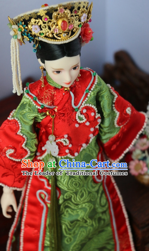 Traditional Qing Dynasty Chinese Women Empress Clothing Imperial Princess Dresses National Costume and Hair Ornaments Complete Set