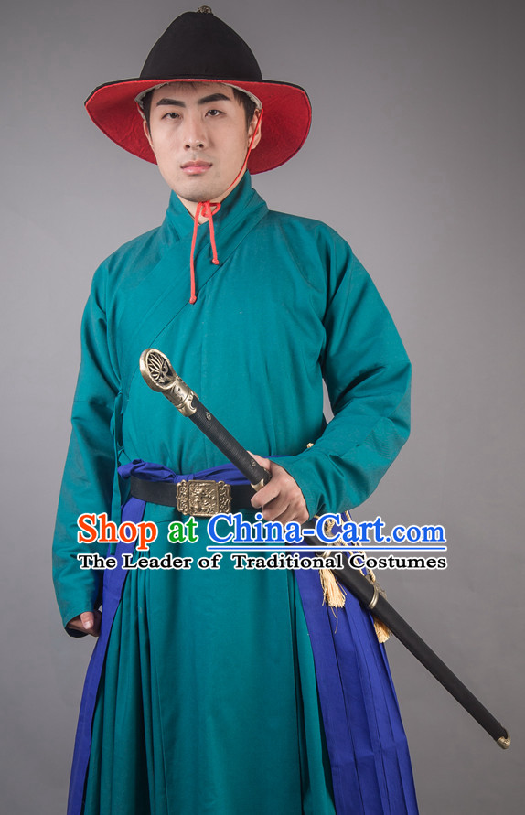 Chinese Ming Dynasty Solider Han Fu Costumes Men Clothing Male Costume and Hat Complete Set