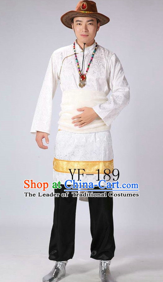 Chinese Tibetan Minority Men Dance Dress China Fan Dance Costume Ribbon Dance Costumes Folk Dance Suit