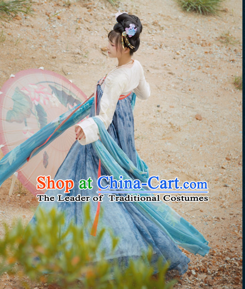 Chinese Traditional Tang Dynasty Royal Stage Hanfu Hanbok Kimono Feitian Costume Dresses Costume Ancient Fairy Garment and Headpieces Complete Set