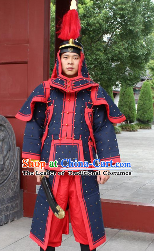 Deep Blue Chinese Qing Dynasty General White Armor Hanfu Dress Gown Costumes Ancient Costume Clothing Complete Set