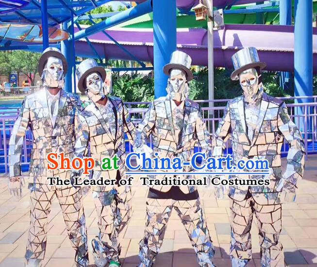 Professional Fancy Costume Silver Mirror People Dance Costumes Dancing Costume Complete Set for Kids Adults Men Boys