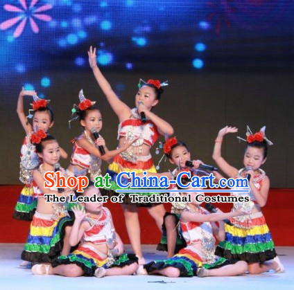 Chinese Stage Minority Dance Costume Dance Costumes Fan Dance Umbrella Ribbon Fans Dance Fan Water Sleeve Costume for Children Girls