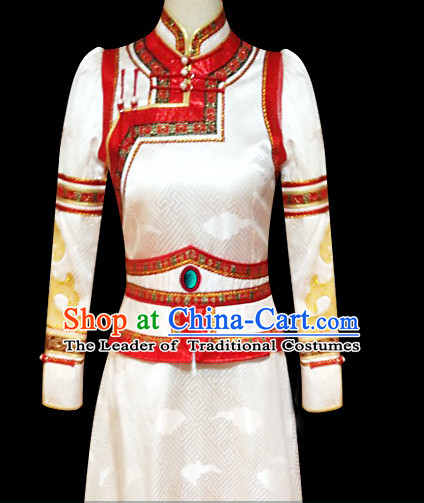 White Mongolian Minority Empress Mongol Mongolia Princess Clothing Ethnic Traditional Costumes Complete Set