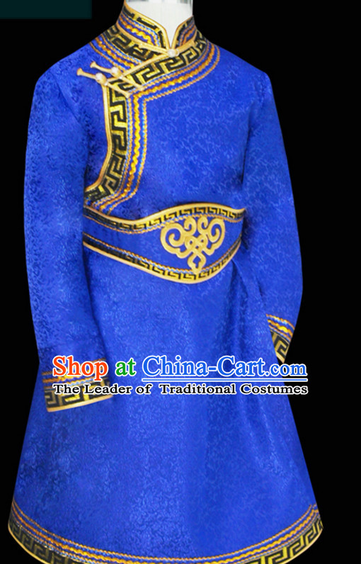 China Mongolian Minority Emperor Mongol Blue Long Robe Mongolia Prince Clothing Ethnic Traditional Costumes Complete Set