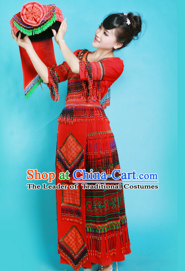 Hmong Women Minority Dresses Miao Girls Clothing Ethnic Miao Minority Dance Costume Minority Dress Dance Miao Costumes and Hat Complete Set