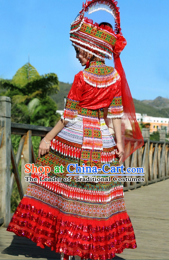 Hmong Women Minority Dresses Miao Girls Clothing Ethnic Miao Minority Dance Costume Minority Dress Dance Miao Costumes and Hat Complete Set