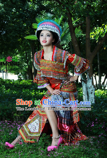 Hmong Women Minority Dresses Miao Girls Clothing Ethnic Miao Minority Dance Costume Minority Dress Dance Miao Costumes and Hat Complete Set