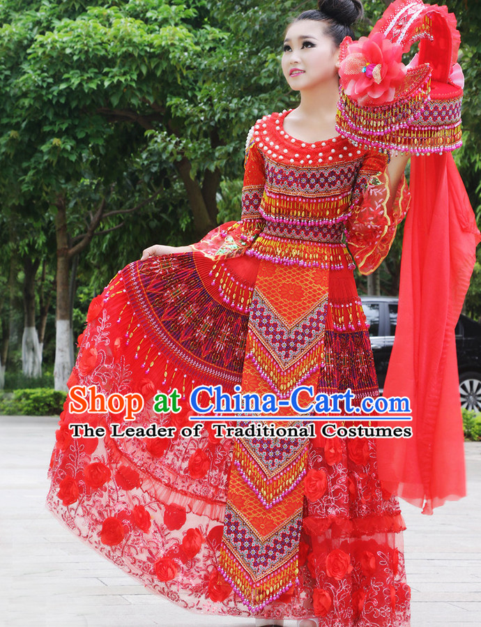 Hmong Women Minority Dresses Miao Girls Clothing Ethnic Miao Minority Dance Costume Minority Dress Dance Miao Costumes and Hat Complete Set