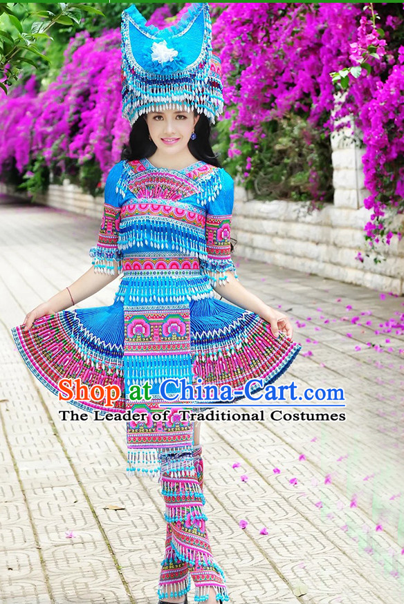 Hmong Women Minority Dresses Miao Girls Clothing Ethnic Miao Minority Dance Costume Minority Dress Dance Miao Costumes and Hat Complete Set