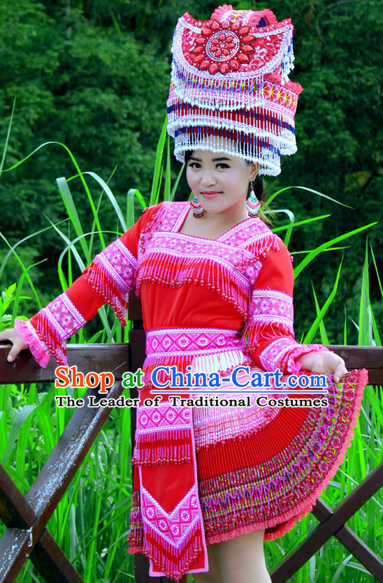 Hmong Women Minority Dresses Miao Girls Clothing Ethnic Miao Minority Dance Costume Minority Dress Dance Miao Costumes and Hat Complete Set