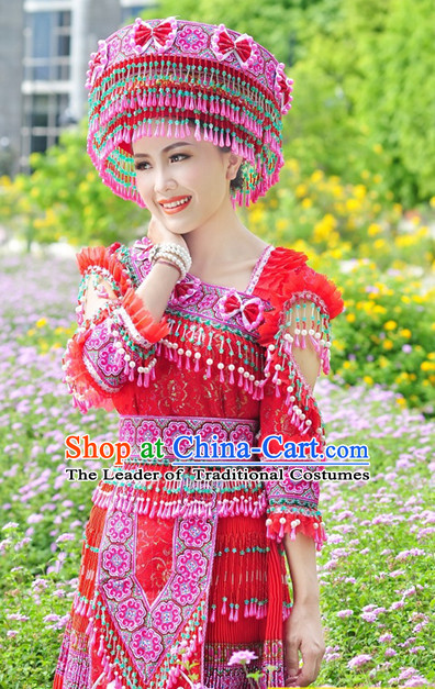 Hmong Women Minority Dresses Miao Girls Clothing Ethnic Miao Minority Dance Costume Minority Dress Dance Miao Costumes and Hat Complete Set