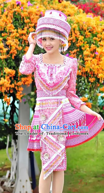 Hmong Women Minority Dresses Miao Girls Clothing Ethnic Miao Minority Dance Costume Minority Dress Dance Miao Costumes and Hat Complete Set