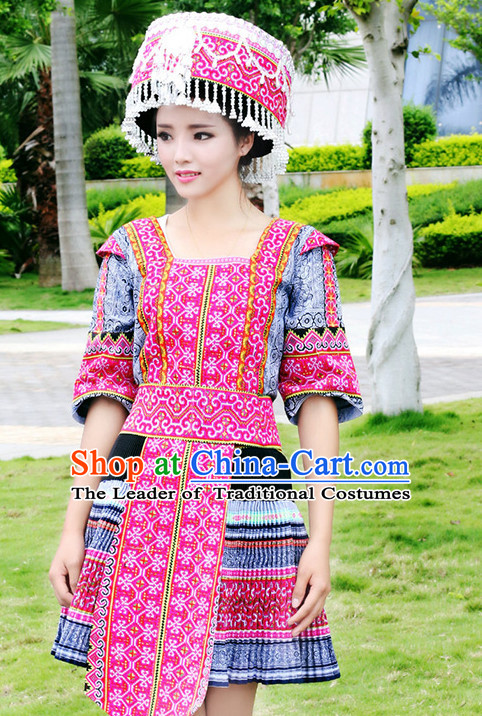 Hmong Women Minority Dresses Miao Girls Clothing Ethnic Miao Minority Dance Costume Minority Dress Dance Miao Costumes and Hat Complete Set