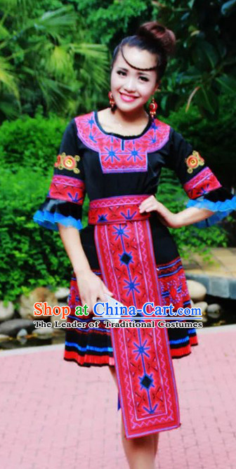 Hmong Women Minority Dresses Miao Girls Clothing Ethnic Miao Minority Dance Costume Minority Dress Dance Miao Costumes and Hat Complete Set