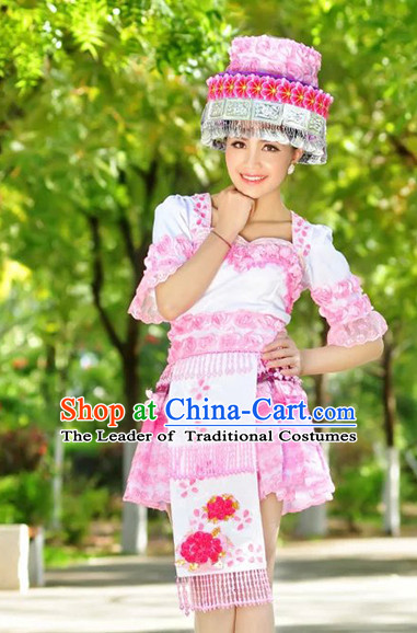 Hmong Women Minority Dresses Miao Girls Clothing Ethnic Miao Minority Dance Costume Minority Dress Dance Miao Costumes and Hat Complete Set