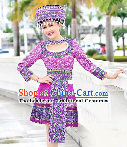 Hmong Women Minority Dresses Miao Girls Clothing Ethnic Miao Minority Dance Costume Minority Dress Dance Miao Costumes and Hat Complete Set