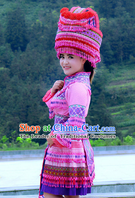 Hmong Women Minority Dresses Miao Girls Clothing Ethnic Miao Minority Dance Costume Minority Dress Dance Miao Costumes and Hat Complete Set