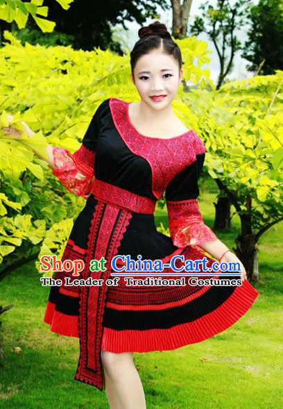 Hmong Women Minority Dresses Miao Girls Clothing Ethnic Miao Minority Dance Costume Minority Dress Dance Miao Costumes and Hat Complete Set