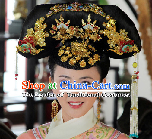 Traditional Chinese Women Qing Empress Headpiece Princess Headdress Palace Hair Decorations Royal Hair Sticks Head Gear Hair Decoration Set