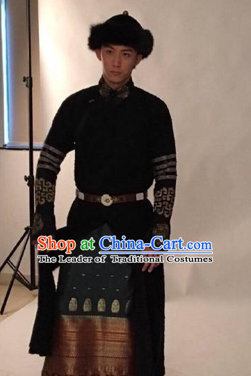 Qing Dynasty Manchu Chinese Aristocrat Clothing and Coronet Headwear Complete Set for Men