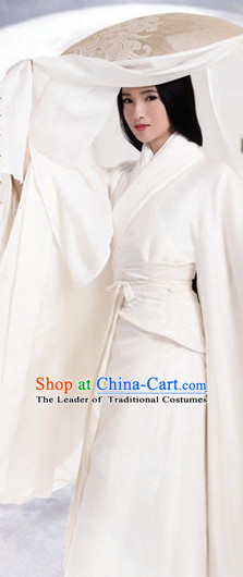 Pure White Ancient Chinese Aristocrat Clothing and Bamboo Hat Complete Set for Women Girls