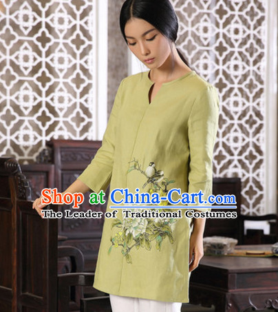 Top Chinese Traditional Hands Painted Birds and Flower Blouse Clothing for Ladies