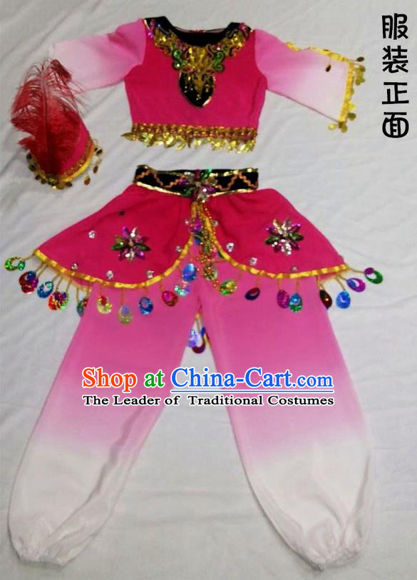 Traditional Chinese Yangge, Children Fan Dancing Wholesale Costume, Folk Dance Yangko Costume, Traditional Chinese Uyghur Nationality Dancewear for Kids