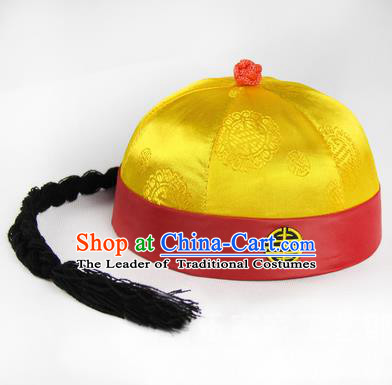 Chinese Ancient Swordsman Long Wig Set, Traditional Chinese Qing Dynasty Hats Wig Hoods for Men