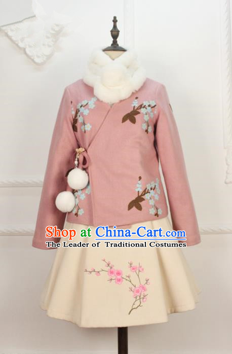 Traditional Classic Women Clothing, Traditional Chinese Classic Woolen Dress Embroidered Pleated Skirt, Chinese Han Dynasty Restoring Ancient Wool Short Skirt for Women