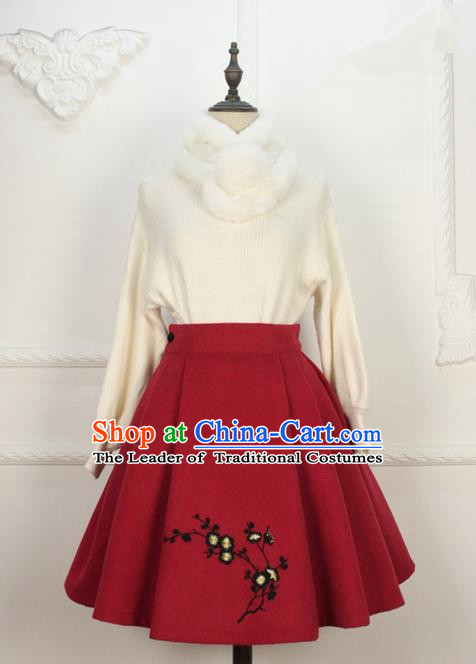 Traditional Classic Women Clothing, Traditional Chinese Classic Woolen Dress Embroidered Pleated Skirt, Chinese Han Dynasty Restoring Ancient Wool Short Skirt for Women