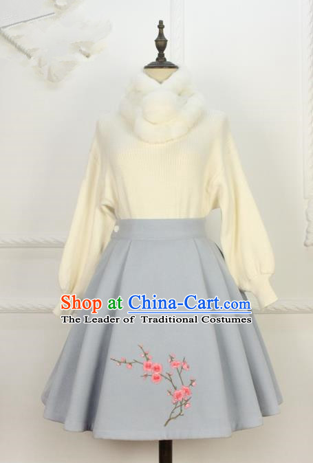 Traditional Classic Women Clothing, Traditional Chinese Classic Woolen Dress Embroidered Pleated Skirt, Chinese Han Dynasty Restoring Ancient Wool Short Skirt for Women