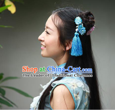 Traditional Classic Chinese Ancient Hair Accessories Hairpin, Elegant Hanfu Plate Buttons Tassels Hair Claw for Women