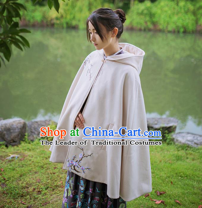 Traditional Classic Chinese Elegant Women Costume Hanfu Woolen Cloak, Restoring Ancient Embroider Plum Blossom Cape for Women