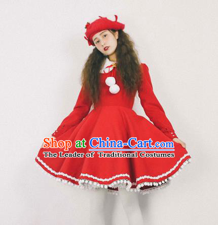 Traditional Classic Elegant Women Costume Woolen One-Piece Dress, Restoring Ancient Princess Red Skirt for Women