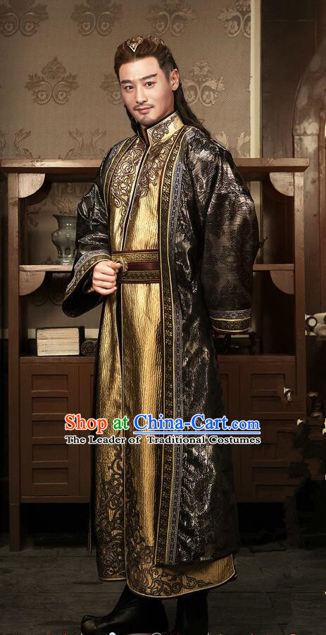 Traditional Chinese Ancient Old Men Embroidered Costumes, Ancient Chinese Cosplay Majesty Swordsmen Knight Costume Complete Set for Men