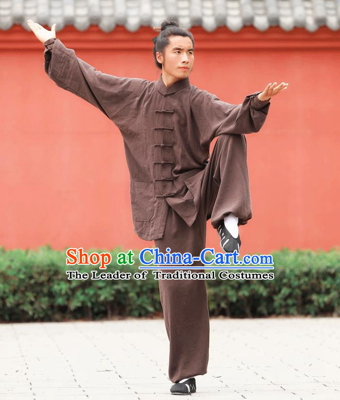 Traditional Chinese Wudang Uniform Taoist Uniform Linen Priest Frock Kungfu Kung Fu Clothing Clothes Pants Slant Opening Shirt Supplies Wu Gong Outfits, Chinese Tang Suit Wushu Clothing Tai Chi Suits Uniforms for Men