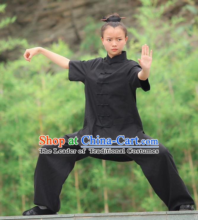 Traditional Chinese Wudang Linen Uniform Taoist Nun Uniform Kungfu Kung Fu Clothing Clothes Martial Pants Shirt Supplies Wu Gong Outfits, Chinese Short-Sleeve Tang Suit Wushu Clothing Tai Chi Suits Uniforms for Women