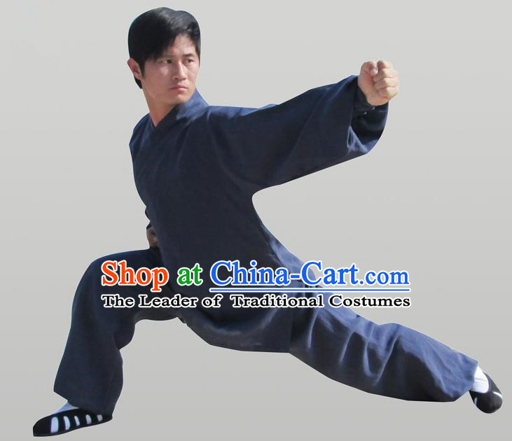 Traditional Chinese Wudang Uniform Taoist Uniform Thicken Linen Slant Opening Priest Frock Complete Set Kungfu Kung Fu Clothing Clothes Pants Slant Opening Shirt Supplies Wu Gong Outfits, Chinese Tang Suit Wushu Clothing Tai Chi Suits Uniforms for Men