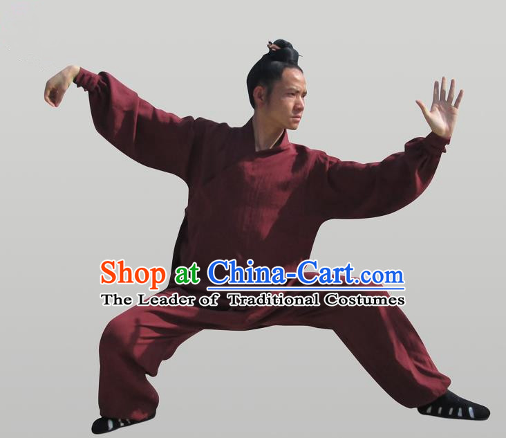 Traditional Chinese Wudang Uniform Taoist Uniform Thicken Linen Slant Opening Priest Frock Complete Set Kungfu Kung Fu Clothing Clothes Pants Slant Opening Shirt Supplies Wu Gong Outfits, Chinese Tang Suit Wushu Clothing Tai Chi Suits Uniforms for Men