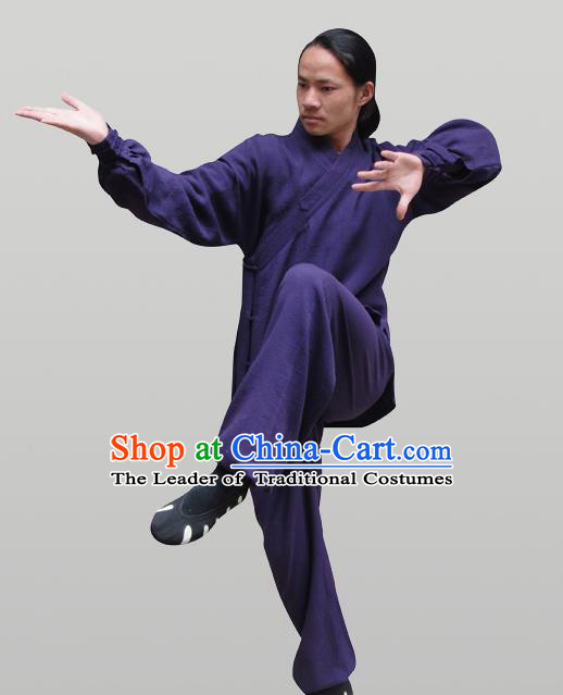 Traditional Chinese Wudang Uniform Taoist Uniform Thicken Linen Slant Opening Priest Frock Complete Set Kungfu Kung Fu Clothing Clothes Pants Slant Opening Shirt Supplies Wu Gong Outfits, Chinese Tang Suit Wushu Clothing Tai Chi Suits Uniforms for Men