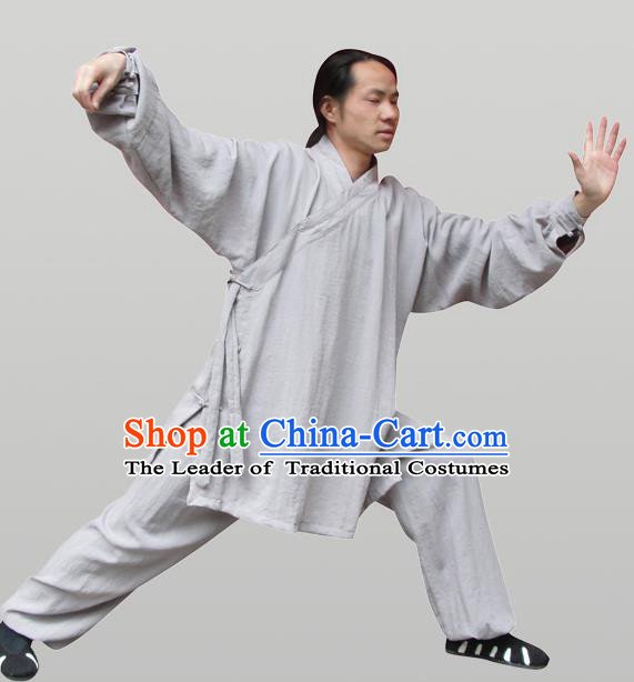 Traditional Chinese Wudang Uniform Taoist Uniform Thicken Linen Slant Opening Priest Frock Complete Set Kungfu Kung Fu Clothing Clothes Pants Slant Opening Shirt Supplies Wu Gong Outfits, Chinese Tang Suit Wushu Clothing Tai Chi Suits Uniforms for Men