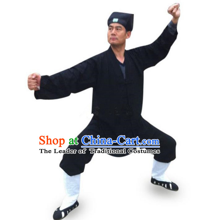 Traditional Chinese Wudang Uniform Taoist Uniform Linen Slant Opening Priest Frock Complete Set Kungfu Kung Fu Clothing Clothes Pants Slant Opening Shirt Supplies Wu Gong Outfits, Chinese Tang Suit Wushu Clothing Tai Chi Suits Uniforms for Men