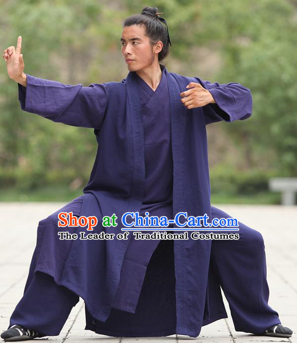 Traditional Chinese Wudang Uniform Taoist Uniform Linen Slant Opening Priest Frock Complete Set Kungfu Kung Fu Clothing Clothes Pants Slant Opening Shirt Supplies Wu Gong Outfits, Chinese Tang Suit Wushu Clothing Tai Chi Suits Uniforms for Men