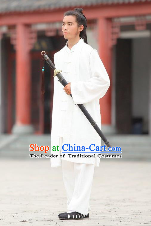 Traditional Chinese Wudang Uniform Taoist Uniform Linen Slant Opening Priest Frock Complete Set Kungfu Kung Fu Clothing Clothes Pants Slant Opening Shirt Supplies Wu Gong Outfits, Chinese Tang Suit Wushu Clothing Tai Chi Suits Uniforms for Men