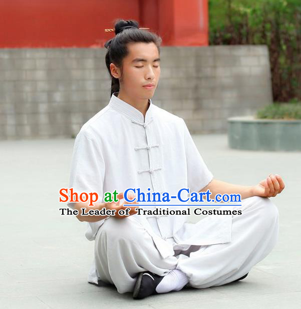 Traditional Chinese Wudang Uniform Taoist Uniform Priest Frock Complete Set Linen Kungfu Kung Fu Short Sleeve Clothing Clothes Pants Slant Opening Shirt Supplies Wu Gong Outfits, Chinese Tang Suit Wushu Clothing Tai Chi Suits Uniforms for Men