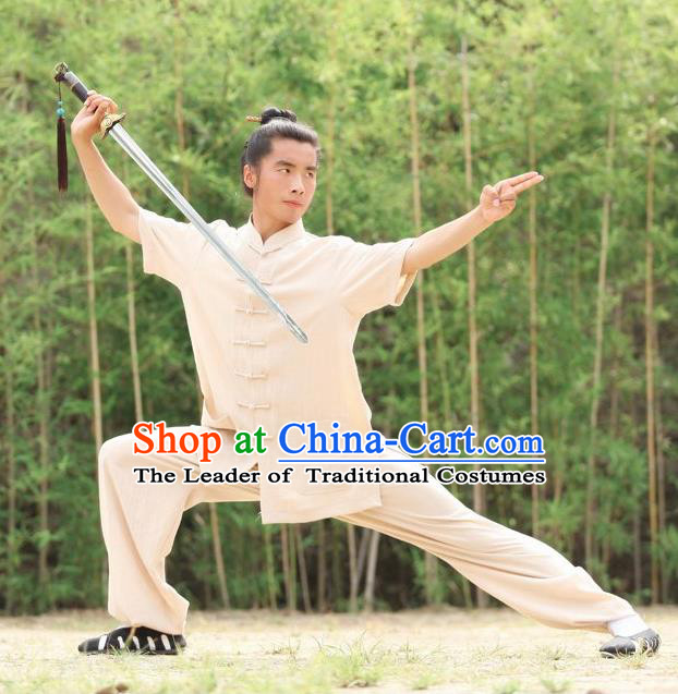 Traditional Chinese Wudang Uniform Taoist Uniform Priest Frock Complete Set Linen Kungfu Kung Fu Short Sleeve Clothing Clothes Pants Slant Opening Shirt Supplies Wu Gong Outfits, Chinese Tang Suit Wushu Clothing Tai Chi Suits Uniforms for Men