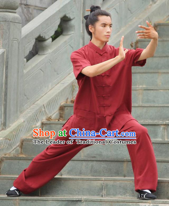 Traditional Chinese Wudang Uniform Taoist Uniform Priest Frock Complete Set Linen Kungfu Kung Fu Short Sleeve Clothing Clothes Pants Slant Opening Shirt Supplies Wu Gong Outfits, Chinese Tang Suit Wushu Clothing Tai Chi Suits Uniforms for Men